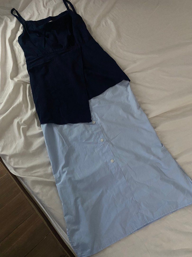 Moda two tone blue dress small (Category: Dresses) located in Taguig. Submitted by hellomariie (Listing ID 1388761873, Image 3). Description: Nice fabric-thic. Not faded Bust 32-34 Waistline 27-28 Length is 46inches.