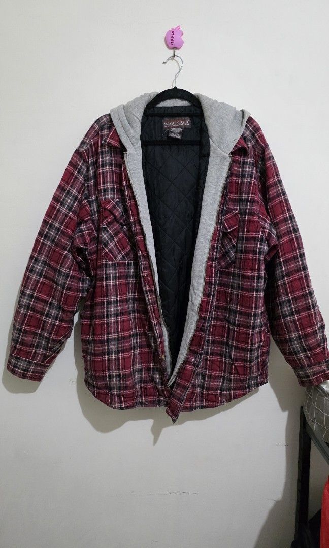 Moose Creek Outdoor Plaid Jacket (Category: Coats, Jackets and Outerwear) located in Mabalacat. Submitted by enoscep (Listing ID 1388755312, Image 1). Description: Moose Creek Outdoor Jacket Plaid pattern in red Grey Cotton on Zipper and hood Quilted Inner Lining Slight yellowing on grey parts Minor white paint marks W:24" L:30" ☆rfs: decluttering ☆mop: bpi, bdo, gcash ☆mod: j&t ☆no return, refund, or exchange.