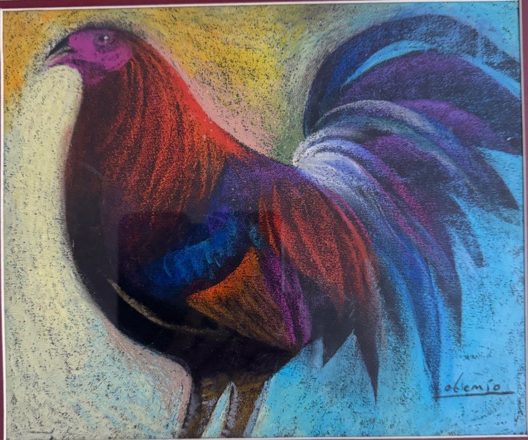 Roel Obemio painting.1 (Category: Art & Prints) located in San Jose del Monte. Submitted by ronnieredram (Listing ID 1387641744, Image 2). Description: Title - lucky rooster Medium - oil pastel on sand paper Size - 9.5”x10.5” (figure only); with frame 17x18.5” Year - 2017 Acquired directly from the artist With COA signed by artist With caricature and signature of the artist at the backcover of the frame.