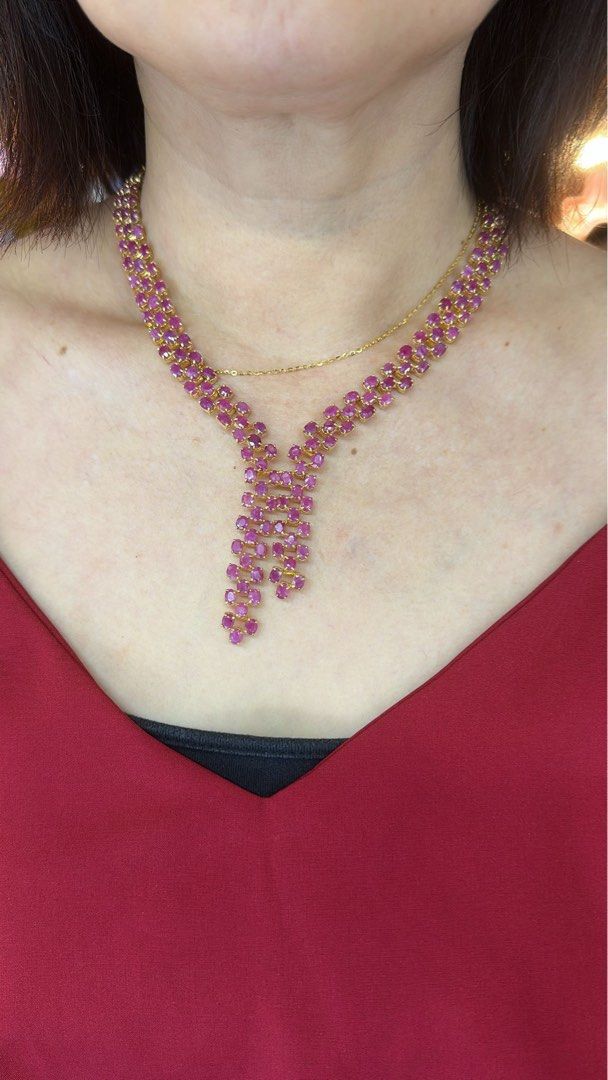 Ruby necklace (Category: Necklaces) located in Singapore. Submitted by happyfantabulous (Listing ID 1388758796, Image 1). Description: Ruby necklace Natural ruby necklace Beautifully designed natural ruby necklace The last pic show necklace next to 2 pcs of s$10 for comparison of actual size and length. Rubies mounted on silver, gold plated #ruby #ruby necklace #rubychain This ruby necklace is not just a jewelry piece, it is like beautiful sets s