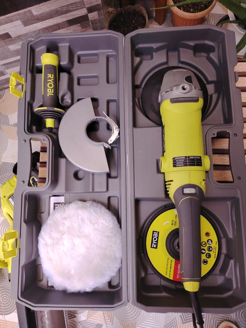Ryobi polisher/sander (Category: Construction Tools & Equipment) located in Malolos. Submitted by axe23 (Listing ID 1388913394, Image 2). Description: Ryobi polisher/sander The Ryobi 1500W Angle Grinder/Sander/Polisher is a powerful muti-purpose tool ideal for grinding steel and other metals, polishing painted surfaces, and sanding timber. Features 180mm grinding wheel with 22.2mm spindle thread 3 position auxiliary side handle with spanner stora