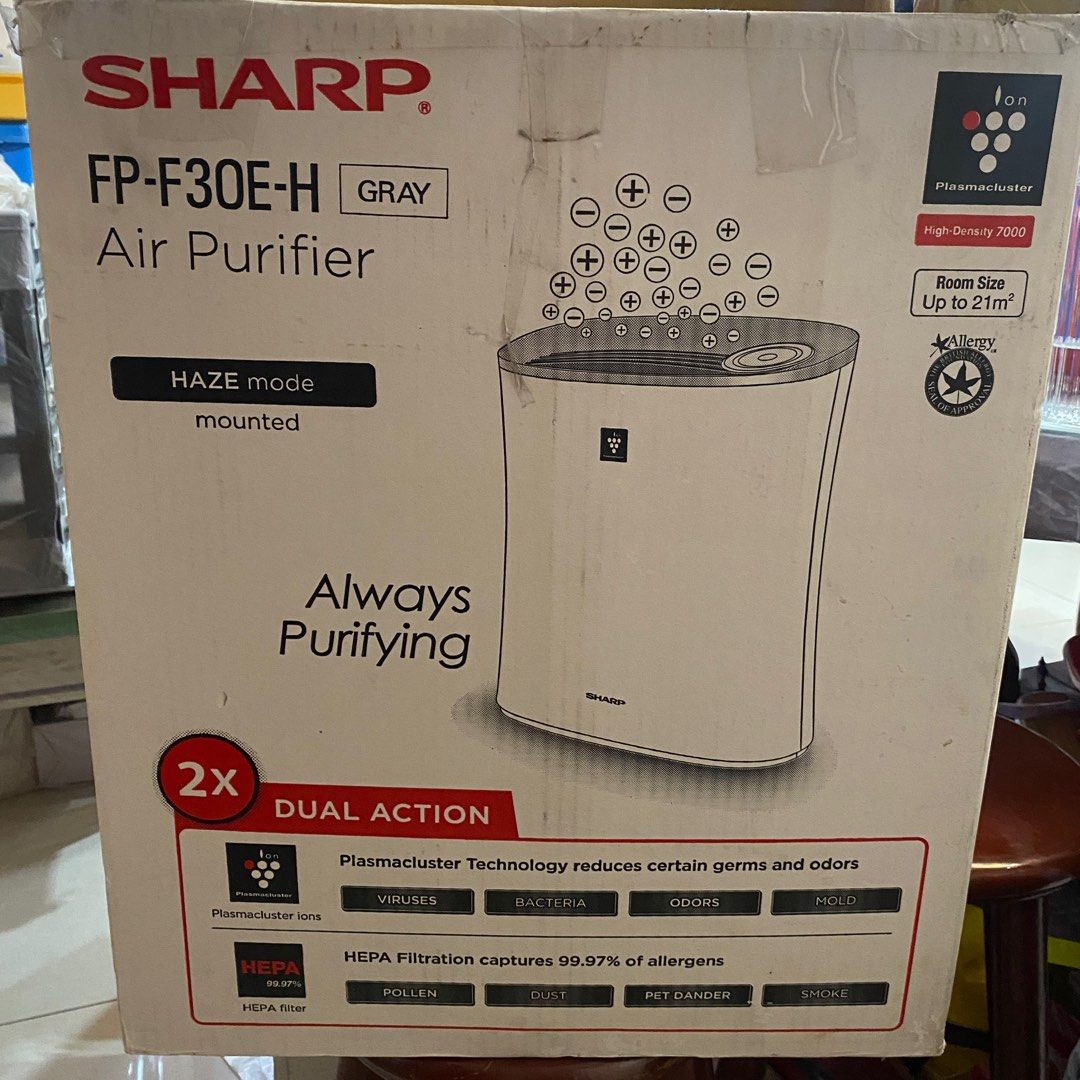 Sharp Air Purifier High density (Category: Air Purifiers & Dehumidifiers) located in Manila. Submitted by brandeditems4less (Listing ID 1388888901, Image 2). Description: Heavy duty Used thrice only then stored With box Model FP-F30E-H Power Supply 220-240 V Recommended Room Size Up to 21 m2. Dimension (WxDxH) 400 x 182 x 463 (mm) Fan Speed Adjustment Max/Med/Sleep Fan Speed (m3/hr) 180/120/60 Rated Power (W) 51/30/13. Plasmacluster technology Eq