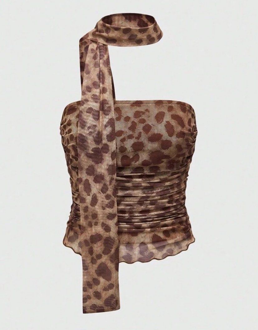 Shein Leopard Ruched Tube Top (Category: Sleeveless) located in Navotas City. Submitted by PATTY (Listing ID 1388889053, Image 1). Description: Scarf not included! Used once Size: Small Mop: Gcash Mod: Lalamove, Flash Express, Jnt, Lbc.