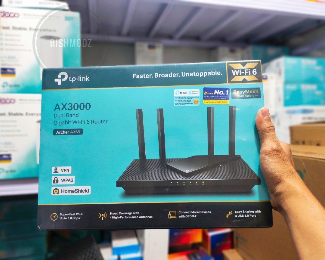 TP-LINK AX3000 ARCHER X55 WIFI 6 ROUTER (Category: Networking) located in Taguig. Submitted by rm.itech051523 (Listing ID 1388874381, Image 2). Description: Brandnew and sealed with 7days store replacement & 12 months Service warranty AVAILABLE FOR PICKUP and DELIVERY VIA LALAMOVE/GRAB/ANGKAS/MOVEIT MODE OF PAYMENT ☑️ COD ☑️ COP ☑️GCASH ☑️ MAYA ☑️ BANK TRANSFER ☑️ CREDIT CARD ☑️ DEBIT CARD STORE LOCATION: CENTRAL SIGNAL VILLAGE TAGUIG ..