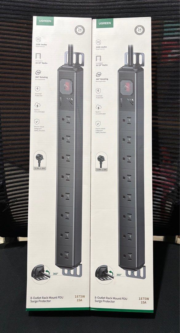 UGREEN 8 OUTLET RACK MOUNT PDU SURGE PROTECTOR 1875W 15A POWER SOCKET (Category: Chargers) located in Manila. Submitted by guerle (Listing ID 1388779762, Image 1). Description: UGREEN 8 OUTLET RACK MOUNT PDU SURGE PROTECTOR 1875W 15A POWER SOCKET SPECIFICATIONS: Ratings: 1875W Max. 15A Max. 125V~ 50/60Hz TYPE 3 SPD VPR:1.5kV (L-N, L-G, NG) Surge Protection: 2100 Joules Power Cord Length: 5.9ft/1.8m Surge Protection Indicator: Please check the sur
