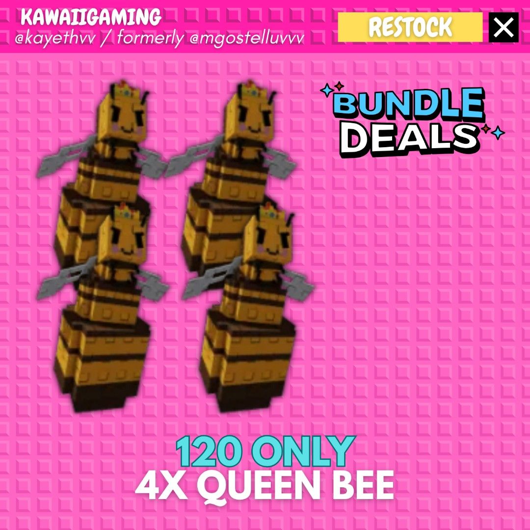 [ 4PCS BUNDLE ] QUEEN BEE GROW A GARDEN PET ROBLOX (Category: In-Game Products) located in Cavite. Submitted by kawaiigaming (Listing ID 1387762778, Image 1). Description: 𐙚⋆.˚ kawaiigaming .ᐟ.ᐟ selling #growagarden pet & sheckles .ᐟ ♡ Pet ability can be seen on the 2nd photo. ♡ Always check my listings for more items. ♡ All pets available, some are pre-order and some are onhand— feel free to dm me what you need. ♡ Strictly not going first. X: m