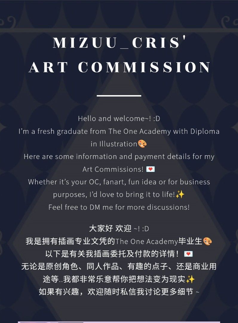 Art Commissions (Link in description) (Category: Art & Prints) located in Shah Alam. Submitted by Mizuu (Listing ID 1389014846, Image 2). Description: 🎨 Art Commission Open ✨ whether it's stylized , semi-realism, line art or flat color — everything’s welcome!! I’m a graduate of TOA with diploma in Illustration, so rest assured—I won’t allow myself to draw any off-model proportions or figures 💪 All sample works, price list, payment methods, and 