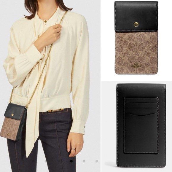Coach Phone/Card Sling (Category: Luxury Bags & Wallets) located in Baguio. Submitted by thrift_saver07 (Listing ID 1388940646, Image 1). Description: Signature coated canvas and refined calf leather Snap closure Four outside credit card slots Detachable strap with 23" drop for shoulder or crossbody wear 4 1/4" (L) x 7" (H) x 1 1/4" (W) Style No. 76357.
