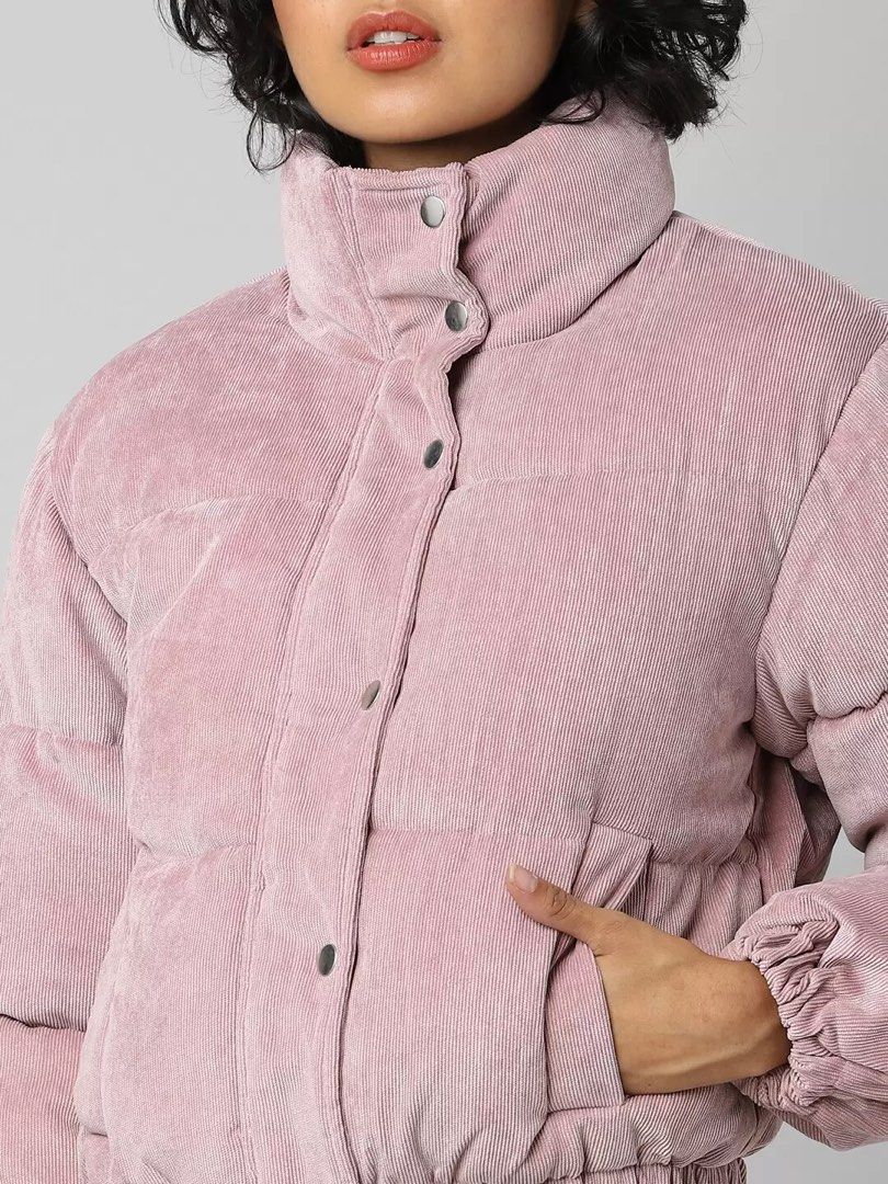 Corduroy Puff Jacket (Category: Coats, Jackets and Outerwear) located in Manila. Submitted by mxriella (Listing ID 1388983134, Image 2). Description: ▫️Pink Corduroy Puff Jacket ▫️Perfect for winter and autumn ▫️Used once in Taiwan ▫️Bought it for 4k on IG 🥹 ▫️ Has a mock collar ▫️Button closure ▫️Sobrang gandaa ▫️HQ.