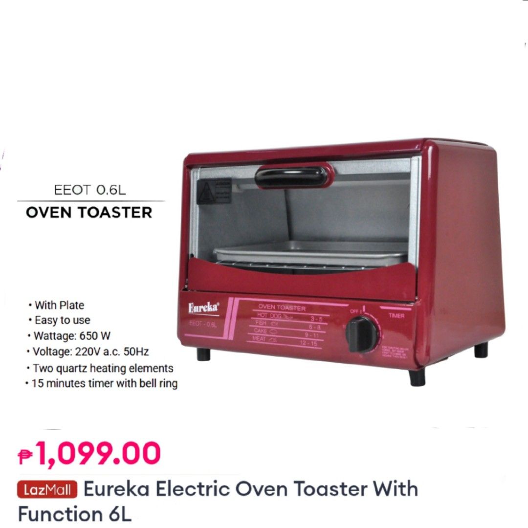 Eureka 6L Red Oven Toaster (Category: Ovens & Toasters) located in Cainta. Submitted by sunnie.side.up (Listing ID 1389068029, Image 1). Description: Eureka Oven Toaster 6L 👌 bought at SM for 1099pesos •used just a few times, baking tray has signs of use but no rusting •working, no problem with the oven •complete parts and manual • outside of the oven has no major scratches or dents, still looks new •box is a little dusty/dirty due to storage RF