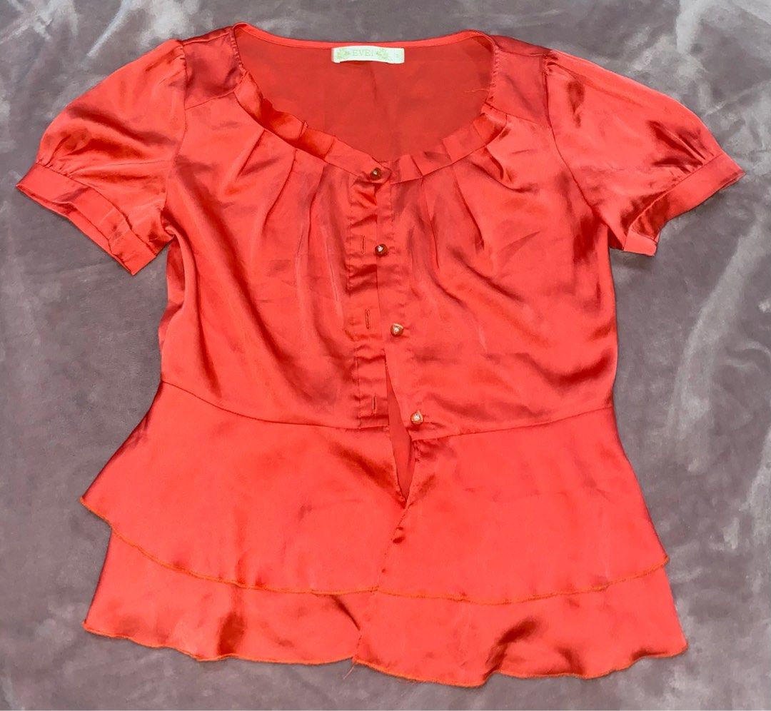 Evei Coral Satin Top (Category: Blouses) located in Manila. Submitted by maeee_eee (Listing ID 1388992945, Image 3). Description: never used, wasn’t my style this is the lowest price can fit xs-s girlies .