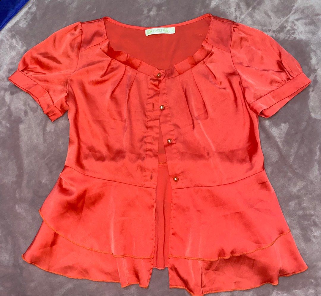 Evei Coral Satin Top (Category: Blouses) located in Manila. Submitted by maeee_eee (Listing ID 1388992945, Image 1). Description: never used, wasn’t my style this is the lowest price can fit xs-s girlies .