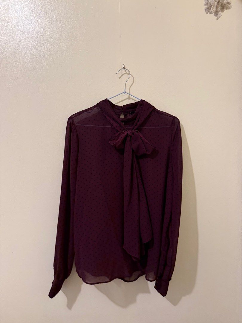 Forever 21 Maroon See-through Polka Dot Longsleeve (Category: Longsleeves) located in Angeles City. Submitted by mulan. (Listing ID 1389004545, Image 2). Description: Brand: Forever 21, Forever21, F21 Can fit small to medium fram Condition: Well used Very presko kasi see through Very Korean CEO ang atake mo dito, parang I can buy you and this whole company ganon Perfect for your office ootd, casual events, gatherings, etc! But cannot be worn insi