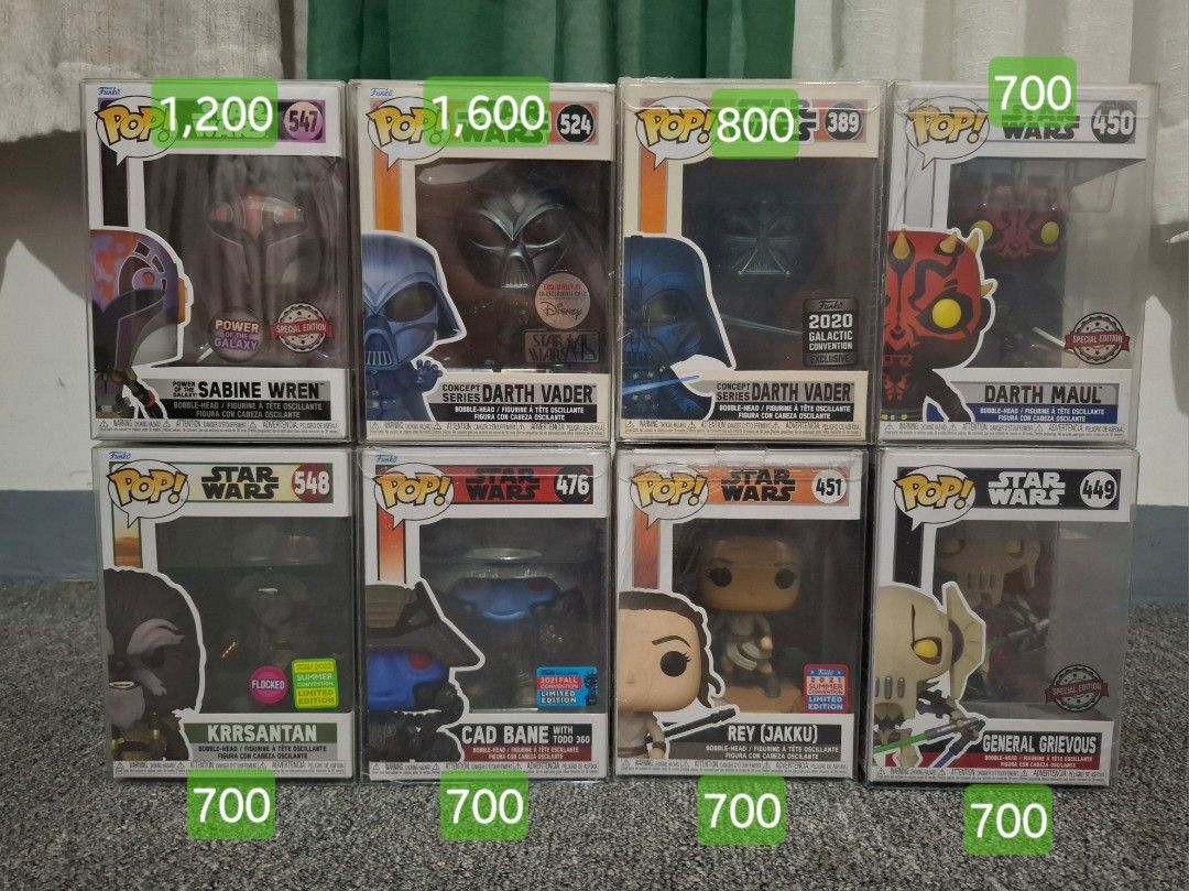 Funko pop Star Wars - Darth Vader, Darth Maul, Rey, General Grievious (Category: Figurines & Statues) located in Quezon City. Submitted by beegrc (Listing ID 1388963036, Image 1). Description: Selling only 📍Condition: Green label - 9-9.5/10 Yellow label- 8.5-9/10 📍Price: POSTED sa pic. 📍Meet-up Le Village Foodpark (E.rodriguez near Banawe QC) *Others: (1,5k UP only) -GH mall -fishermall Q.Ave -waltermart e.rod -robinsons magnolia 10am-2pm only