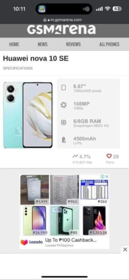 Huawei Nova 10 SE (Category: Huawei) located in Pasig City. Submitted by denzales16 (Listing ID 1389047219, Image 2). Description: Inclusions: 🌸Personal Preloved Phone 🌸No Issues, No Dents, No scratches alagang alaga ang unit 🌸With Free Case 🌸With 60 watt and type C Original 🌸Huawei Charger 🌸With Free Huawei SmartBand 7 🌸With Free Huawei SE 2 bluetooth earbuds 🌸Location: Pasig City 🌸For Pickup or Meet Up 🌸Mode of Payment: Gcash/Bank Tra