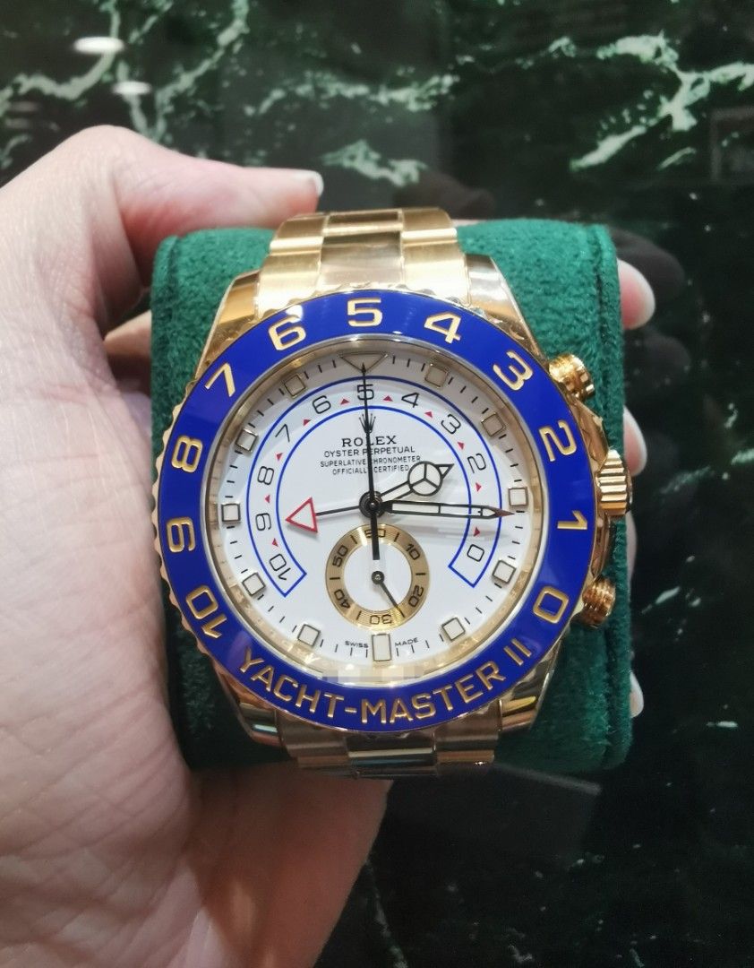 Mercedes hands Rolex Yachtmaster 44 yellow gold white 116688 (Category: Watches) located in Singapore. Submitted by hengwatch (Listing ID 1389059642, Image 1). Description: Rolex Yachtmaster 44 full yellow gold white dial Mercedes hands Model number 116688 Very Mint condition With protection film applied Comes with box and cert dated Oct 2018 With white hang tag with matching serial With ad invoice Selling for $48950 Subscribe to our tele-gram gr