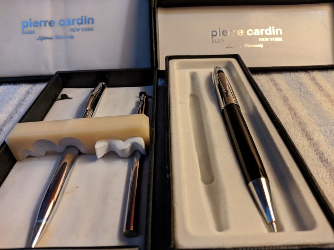Pierre Cardin Mechanical Pencils and Pen (Category: Stationery & School Supplies) located in Makati City. Submitted by sharewear (Listing ID 1389066418, Image 1). Description: * 2 mechanical pencils *1 mini pen *1 set is silver/gold tone; the other is black/silver * Never used, but other pens in the box set missing.