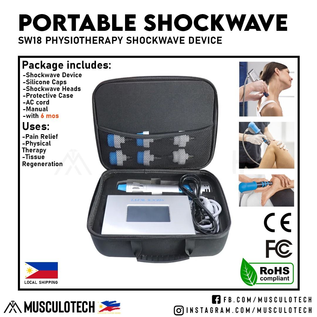Portable Shockwave Therapy Device (Category: Medical Supplies & Tools) located in Quezon City. Submitted by musculotech (Listing ID 1388916523, Image 1). Description: BRAND NEW UNIT Specifications Power: 250W Input: AC 220V/50-60hz Intensity range: 60-200mj Frequency: 1-16hz Warranty: 6 mos upon purchase ☑️Shockwave - electromagnetic shock wave machine pushes the diaphragm through the generated magnetic field to generate shock waves, focus energy
