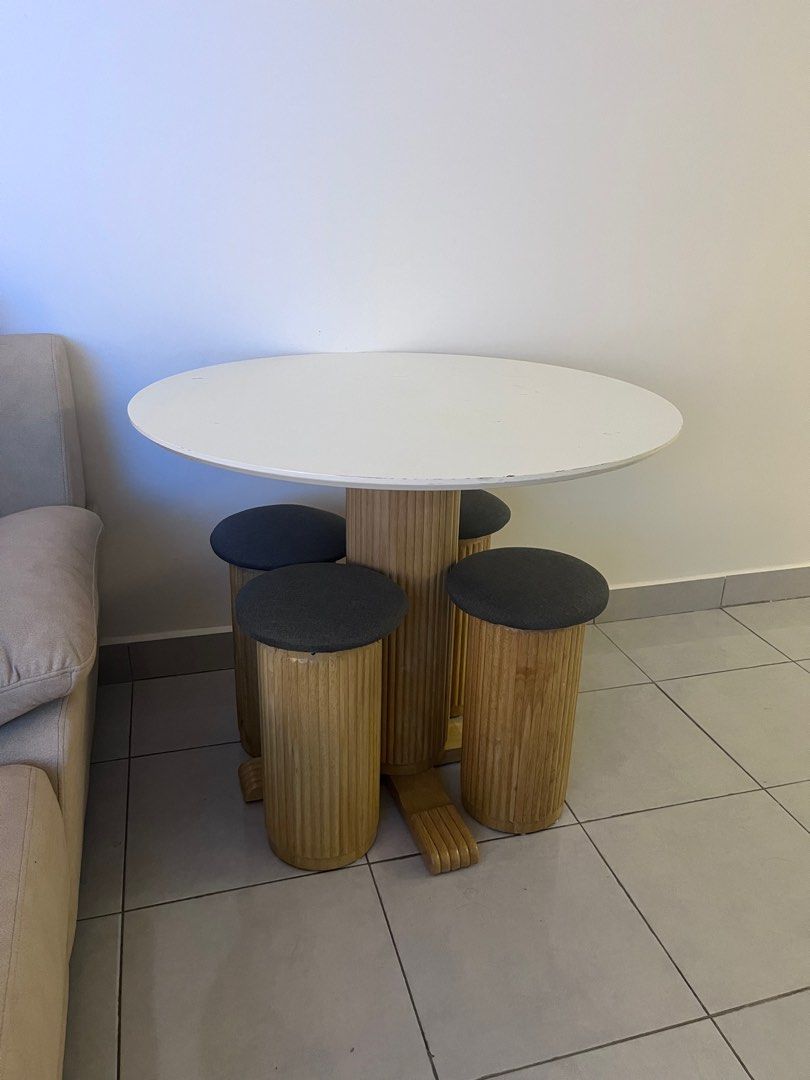 Round Dining Table + 4 Stools, Furniture & Home Living, Furniture ...