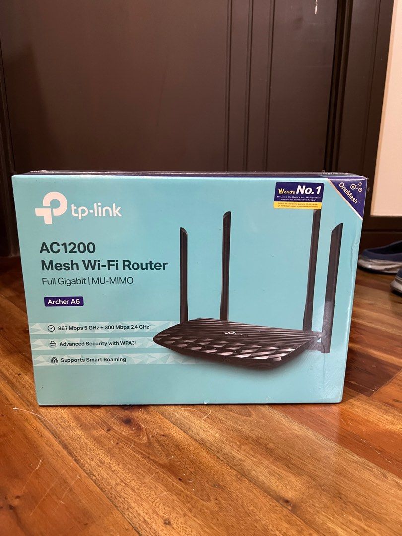 TP-LINK Archer A6 AC1200 Mesh WI-FI Router (Category: Networking) located in Makati City. Submitted by jl_finds (Listing ID 1388919959, Image 1). Description: RFS: Extra unit from home network setup • AC1200 Dual Band Wi-Fi - 867Mbps (5GHz) + 400Mbps (2.4GHz) for streaming and gaming • WPA3 Security - Latest encryption protocol for enhanced network protection • Extended Coverage - 4 external antennas with beamforming technology reach every corner