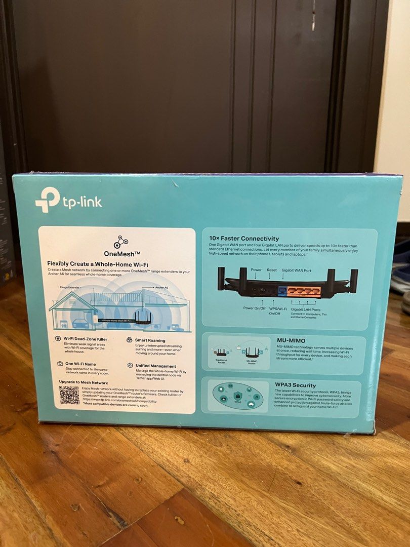 TP-LINK Archer A6 AC1200 Mesh WI-FI Router (Category: Networking) located in Makati City. Submitted by jl_finds (Listing ID 1388919959, Image 2). Description: RFS: Extra unit from home network setup • AC1200 Dual Band Wi-Fi - 867Mbps (5GHz) + 400Mbps (2.4GHz) for streaming and gaming • WPA3 Security - Latest encryption protocol for enhanced network protection • Extended Coverage - 4 external antennas with beamforming technology reach every corner