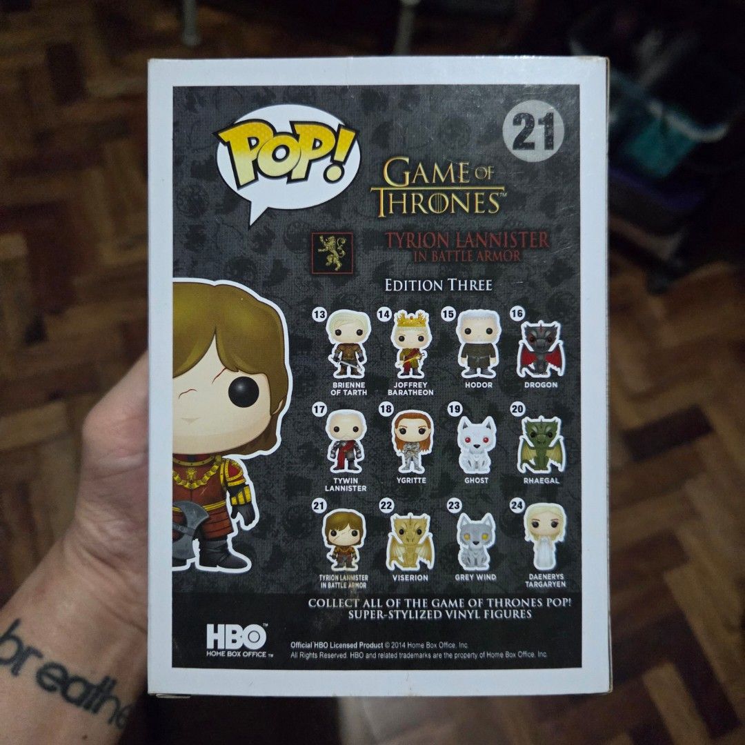 Tyrion Lannister Funko Pop (Category: Figurines & Statues) located in Cainta. Submitted by DBdibs (Listing ID 1388914552, Image 3). Description: 👀 Reading is essential. Make reading a habit. Funko Pop! - Television Game of Thrones Tyrion Lannister in Battle Armor #22 OG box ⭐ Authentic ⭐ Never Out Of Box (NOOB) ⭐ Add 40 for new protector ⭐ Pop in excellent condition. Box as small crease at the top (See last photo) 🏠 Item will be coming from Cai