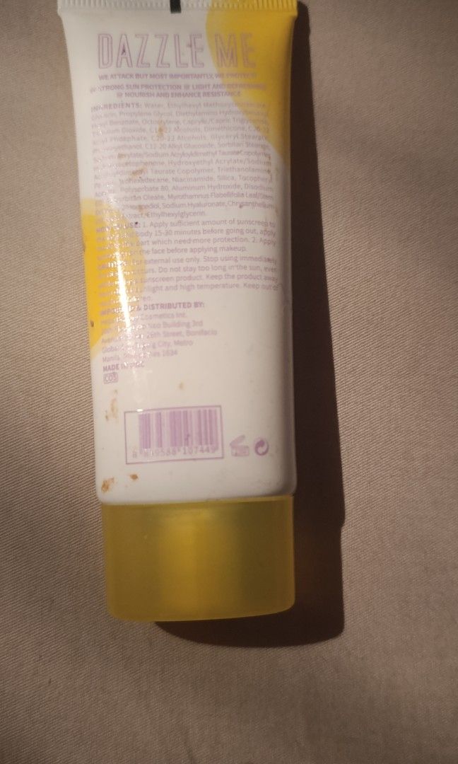 Dazzle Me Sunscreen (Category: Face Care) located in Manila. Submitted by shanejja (Listing ID 1389207202, Image 2). Description: Dazzle Me Attack on Sun Sunscreen Brand new and unopened didnt get to use it after purchase exp 08/2026 rfs decluttering shipping to be shouldered by buyer via lalamove.