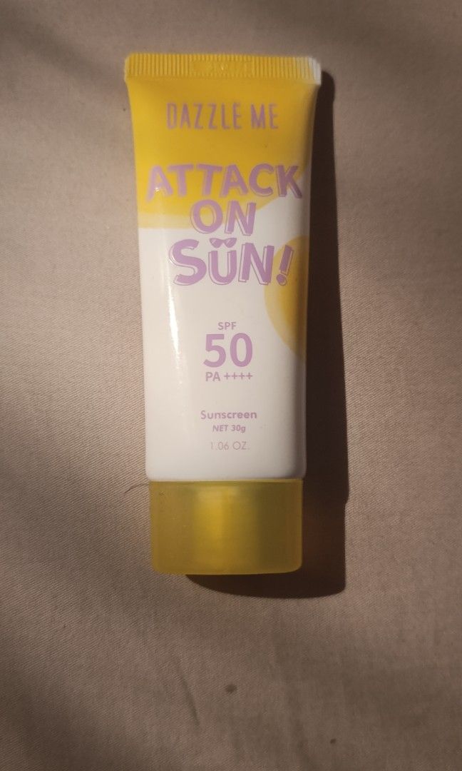 Dazzle Me Sunscreen (Category: Face Care) located in Manila. Submitted by shanejja (Listing ID 1389207202, Image 1). Description: Dazzle Me Attack on Sun Sunscreen Brand new and unopened didnt get to use it after purchase exp 08/2026 rfs decluttering shipping to be shouldered by buyer via lalamove.