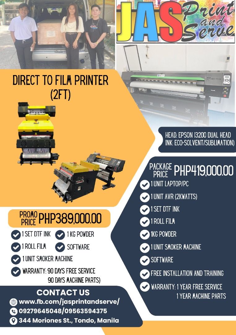 HIGHQUALITY DTF PRINTER MACHINE DUALHEAD (Category: Printers, Scanners & Copiers) located in Manila. Submitted by abbyconde (Listing ID 1389198438, Image 1). Description: Printhead: DX11/i3200 *Application: Eco Solvent/Sublimation *Size: 6ft/10ft *with Warranty *Free Installation and Training *with lots of Freebies *After Sales Support!!! For more details, kindly contact; Name: Abby Conde Position: Sales Consultant Company: JASPRINT AND SERVE PRI