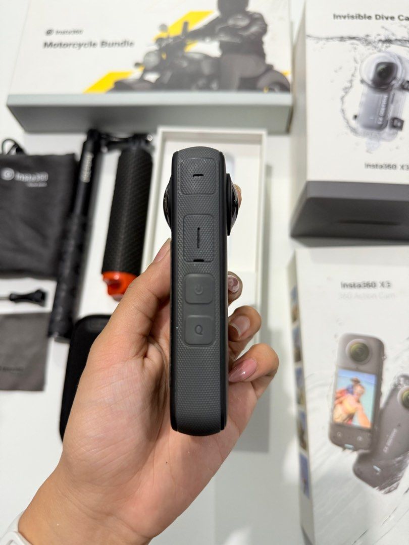 INSTA 360 X3 MOTORCYCLE BUNDLE AND DIVE CASE with box (slightly negotiable) (Category: Cameras) located in Manila. Submitted by fjnc_26 (Listing ID 1389238313, Image 2). Description: INSTA 360 X3 with box Inclusion: - 360 camera - motorcycle bundle - invisible dive case - floating stick - short invisible stick - protective pouch Rfs: di na nagagamit and need funds for school.