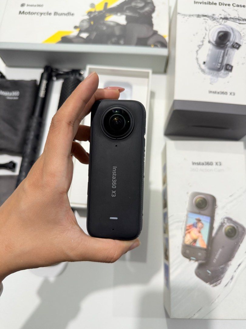 INSTA 360 X3 MOTORCYCLE BUNDLE AND DIVE CASE with box (slightly negotiable) (Category: Cameras) located in Manila. Submitted by fjnc_26 (Listing ID 1389238313, Image 3). Description: INSTA 360 X3 with box Inclusion: - 360 camera - motorcycle bundle - invisible dive case - floating stick - short invisible stick - protective pouch Rfs: di na nagagamit and need funds for school.