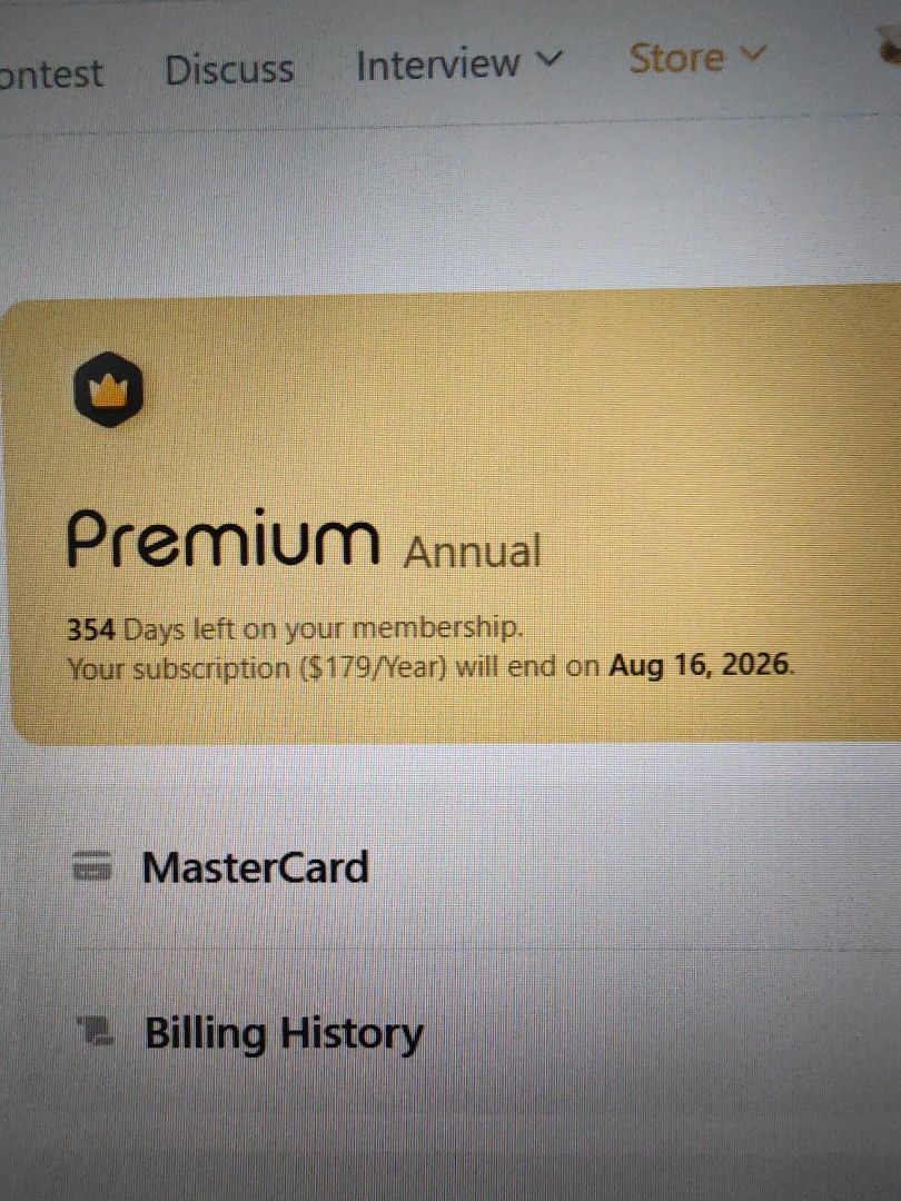 Leetcode premium (Category: Software) located in Singapore. Submitted by sonatines__ (Listing ID 1389178910, Image 2). Description: Sharing my leetcode premium account activated recently. 1 month - $15 3 months - $30 6 months - $50 Entire duration until Aug 2026 - $70 I mainly use it for looking at company question lists. Pls PM if interested to share. .