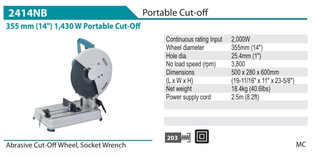 MAKITA 2414NB 14" CUT-OFF MACHINE (Category: Construction Tools & Equipment) located in Manila. Submitted by tonpornel (Listing ID 1389169749, Image 1). Description: MAKITA 2414NB 14" Cut-Off Machine Ton-Pornel Mercantile • We supply Powertools, Hardware tools, Plumbing, Paints, Electrical and Construction materials • We offer Paint Mixing and Powertools Repair Visit us: 38 Marcos Highway Mayamot, Antipolo City https://maps.google.com/?cid=138423