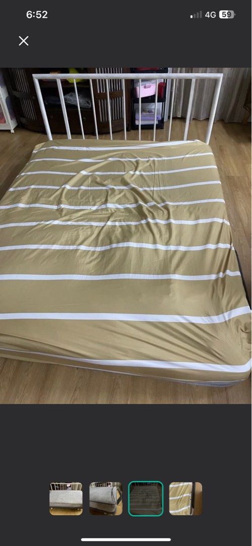 Sofa bed (Category: Sofas) located in Kuala Lumpur. Submitted by jackeiy0711 (Listing ID 1389163077, Image 2). Description: Ikea day bed. Can transform to bed. The cushion still very sturdy and solid just 1 side leg (as per picture) it bend out. Able to fix it if u know how to do it. Arrange our own transportation. It quite heavy. Price nego but not too low~ .