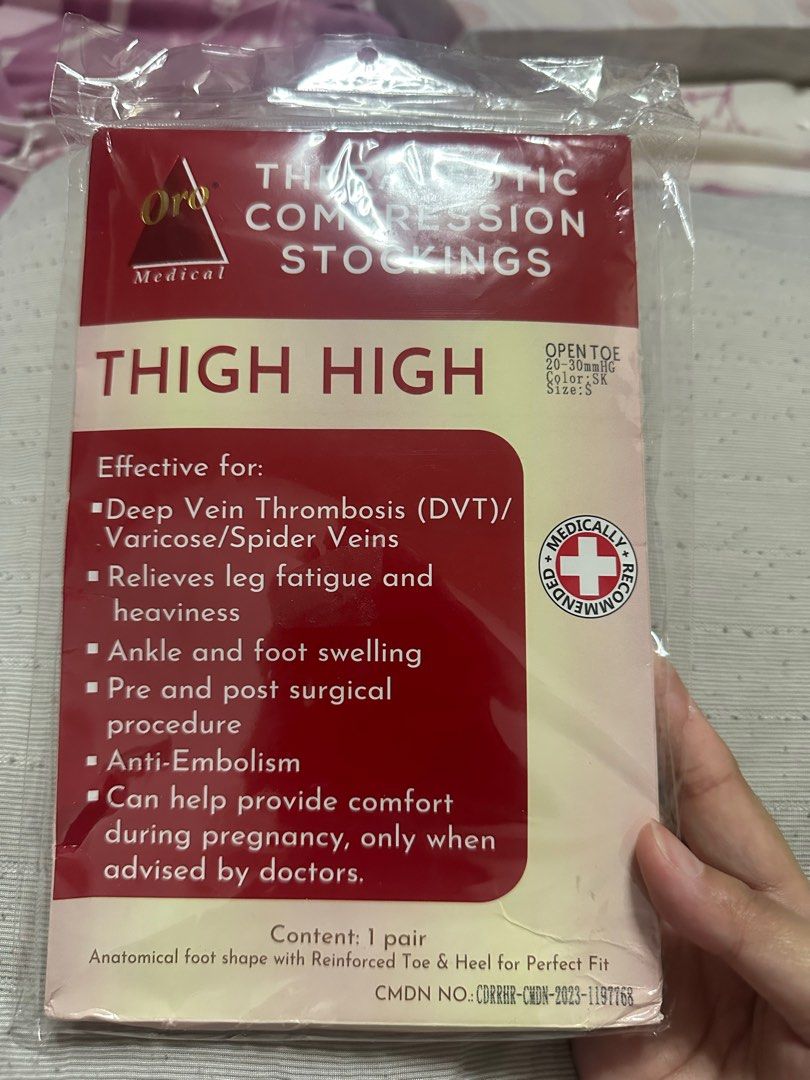 Therapeutic compression stockings (Category: Medical Supplies & Tools) located in Manila. Submitted by jamesgmd (Listing ID 1389118486, Image 1). Description: Open toe thigh high 20-30mmHg Skintone color Size small Please note 2nd photo - my dog bit the box sorry RFS WRONG SIZE.