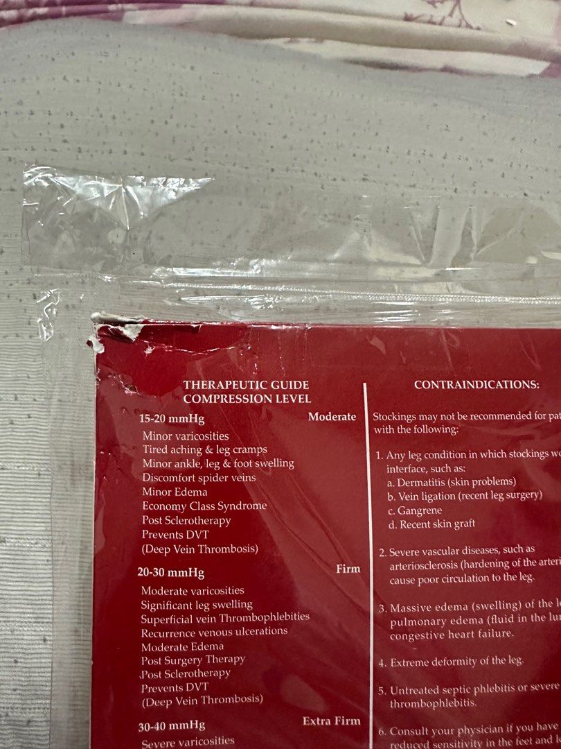 Therapeutic compression stockings (Category: Medical Supplies & Tools) located in Manila. Submitted by jamesgmd (Listing ID 1389118486, Image 2). Description: Open toe thigh high 20-30mmHg Skintone color Size small Please note 2nd photo - my dog bit the box sorry RFS WRONG SIZE.