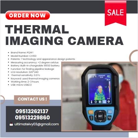Thermal Imaging Camera PQWT-CX160S (Category: Other Security Devices) located in Caloocan City. Submitted by casesarian62993 (Listing ID 1389121478, Image 1). Description: Brand Name: PQWT Model Number: CX160 Patents: 7 technology and appearance design patents Measuring accurancy: +2 degree celcius Battery: Built-in chargeable 18650 battery Function: for finding pipeline leakage LCD resolution: 320*240 Thermal sensitivity: 0.07c Keyword: used the