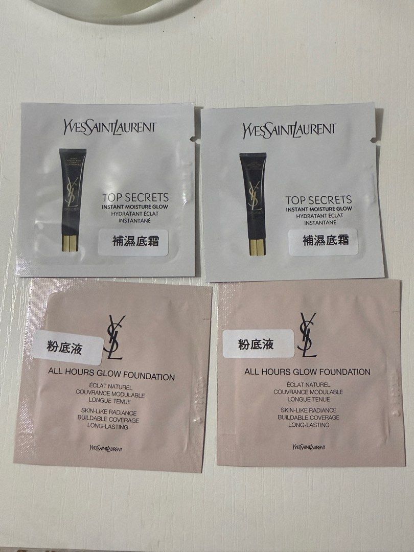 YSL sample （分類：化妝品）位於 Hong Kong。 由 daiccccccccccc 提交（商品編號 1389273064，圖片 1）。簡介： YSL Top Secrets Instant Moisture Glow 保濕底霜 All Hours Glow Foundation 粉底液(新) $3@1 All $10。