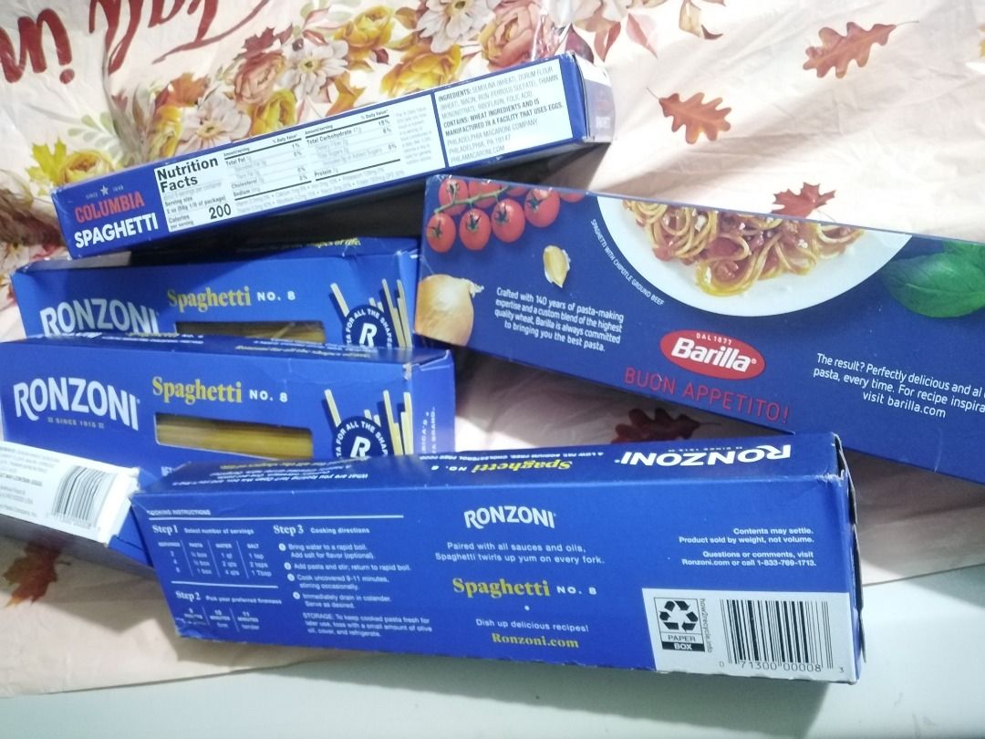 BARILLA & RONZONI SPAGHETTI (Category: Rice & Noodles) located in Taguig. Submitted by juls0607 (Listing ID 1389411809, Image 3). Description: Low fat, sodium free, cholesterol free food RONZONI Spaghetti#8, 1 lb., 454g. - Best before: Sept. 22, 2026 COLUMBIA Spaghetti, 1 lb., 16 oz, 454g. - Best before: Apr. 09, 2026 BARILLA Spaghetti, 2 lb., 908g - Best before: May 01, 2027 - Php200.00 Price less compare to supermarket..