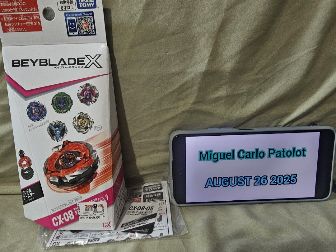 Beyblade X Tomy Takara (Category: Action & Battle Toys) located in Makati City. Submitted by maigeruelg54917 (Listing ID 1389303739, Image 2). Description: Selling everything sealed with codes ( BANKEE , JAPAN ) Cx-07 Pegasus Blast ( BANKEE w/code) - 1250 php Cx-08 Wheel Prize bey ( BANKEE w/code) - 1700 ( sold repriced ) Cx-08 Pink Shell 7-70 Wallball ( BANKEE w/code) - 1050php Dark percues (BANKEE w/code) - 650 srp Bx-34 Cobalt dragoon (Japan w