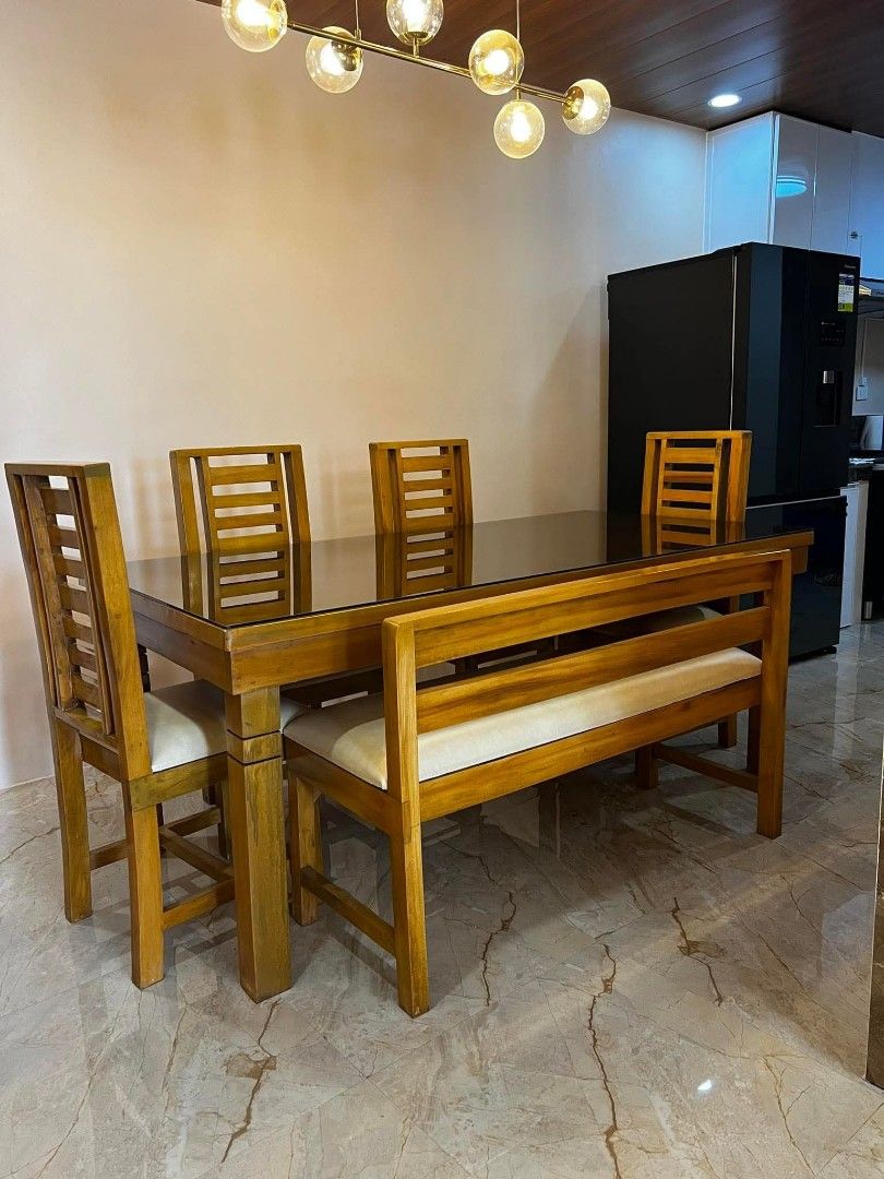 MAHOGANY DINING TABLE WITH FREE TOP GLASS (Category: Tables & Sets) located in Mabalacat. Submitted by arlenemamangun01 (Listing ID 1389393622, Image 1). Description: High-quality Dining table set at an affordable price👌 Materials used: 📌Gemelina & mahogany wood 📌Uratex foam 📌German leather & fabric 📌Duco paint finished MADE TO ORDER⚒️ NO DP NEEDED✅ FREE TOP GLASS😍 COD & FREE DELIVERY 4 seater (3ft by 4ft) 6 seater (3ft by 5ft) 8 seater (3f
