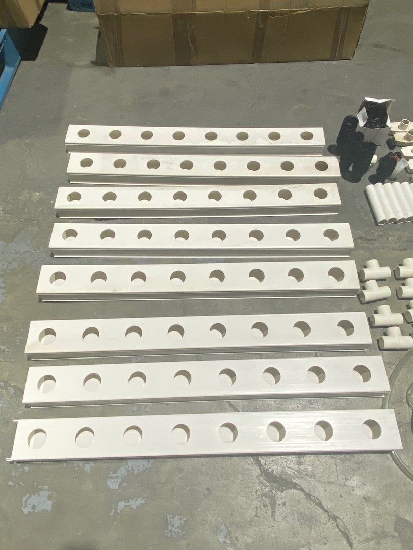 Nft type hydroponic system (Category: Pots & Planters) located in Marikina City. Submitted by lovebycris (Listing ID 1389377273, Image 3). Description: This is an NFT type hydroponic system. Parts: 64 Net pots 8 nft channel connectors, end caps, stands submersible pump Feeding line/tube Wala pong: Water tank Substrate/growing media Fertilizer Timer for water/fertilizer Rfs: planned to make a hydroponic garden as project during the pandemic, pero 