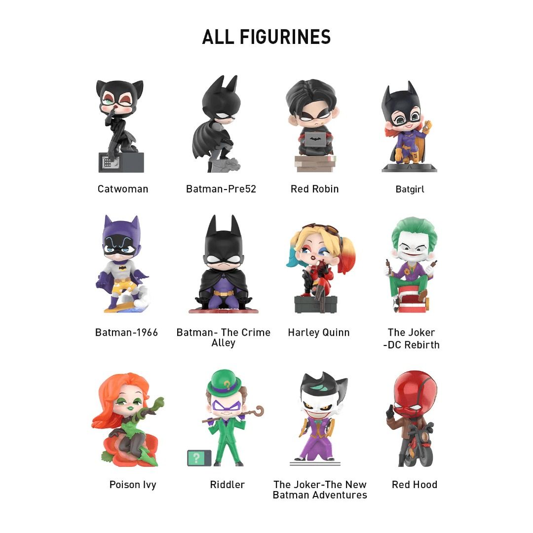Pop Mart DC Gotham City (Category: Designer & Blind Box Toys) located in Valenzuela. Submitted by littlechopletsph (Listing ID 1389425988, Image 3). Description: P750 EACH / P700 EACH IF BUYING 3 OR MORE [SOLD] The Batman - Pre52 Batgirl [SOLD] Red Robin [SOLD] Red Hood Catwoman Harley Quinn The Joker - DC Rebirth Poison Ivy Riddler Batman - The Crime Alley Batman - 1966 The Joker - The New Batman Adventures The Batman (Secret) - P5500 - Opened b