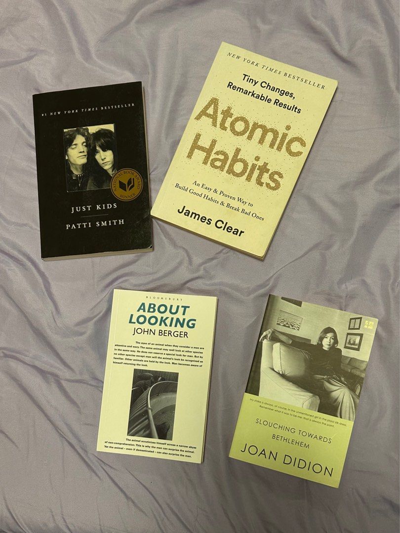 pre-loved books for 300-600PHP only! (READ DESCRIPTION) (Category: Storybooks) located in Taguig. Submitted by bibingkaluvr (Listing ID 1389460927, Image 1). Description: Atomic Habits - 300 About Looking - 400 SOLD Just Kids - 550 Slouching - 600 (brand new, bought 2 months ago) *Most books were brought from Fully Booked. Slouching was sourced from an IG bookshop. All authentic! NOTE: some parts of the pages have been neatly and lightly lined fr