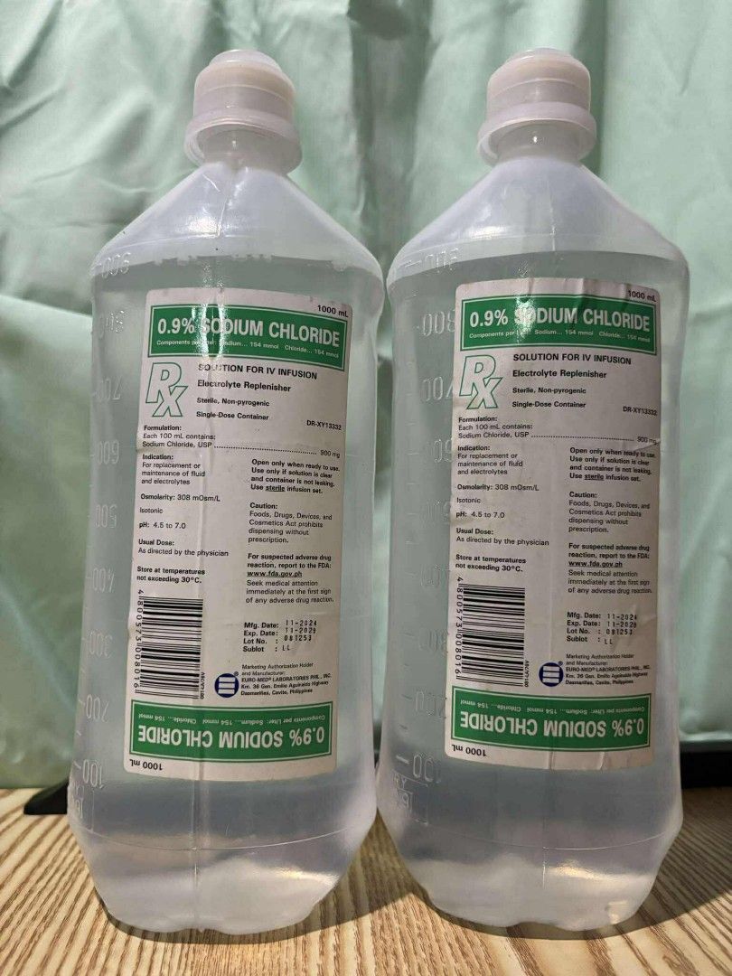 Sodium chloride 1000ml (Category: Braces, Support & Protection) located in Quezon City. Submitted by jesselee14kpop (Listing ID 1389305760, Image 1). Description: we accept bulk orders brandnew affordable onhand negotiable good quality and condition open for pick up and delivery high quality we also sell many medical supplies call me 09268225723 cod,gcash,bank transfer lifetime time free service.