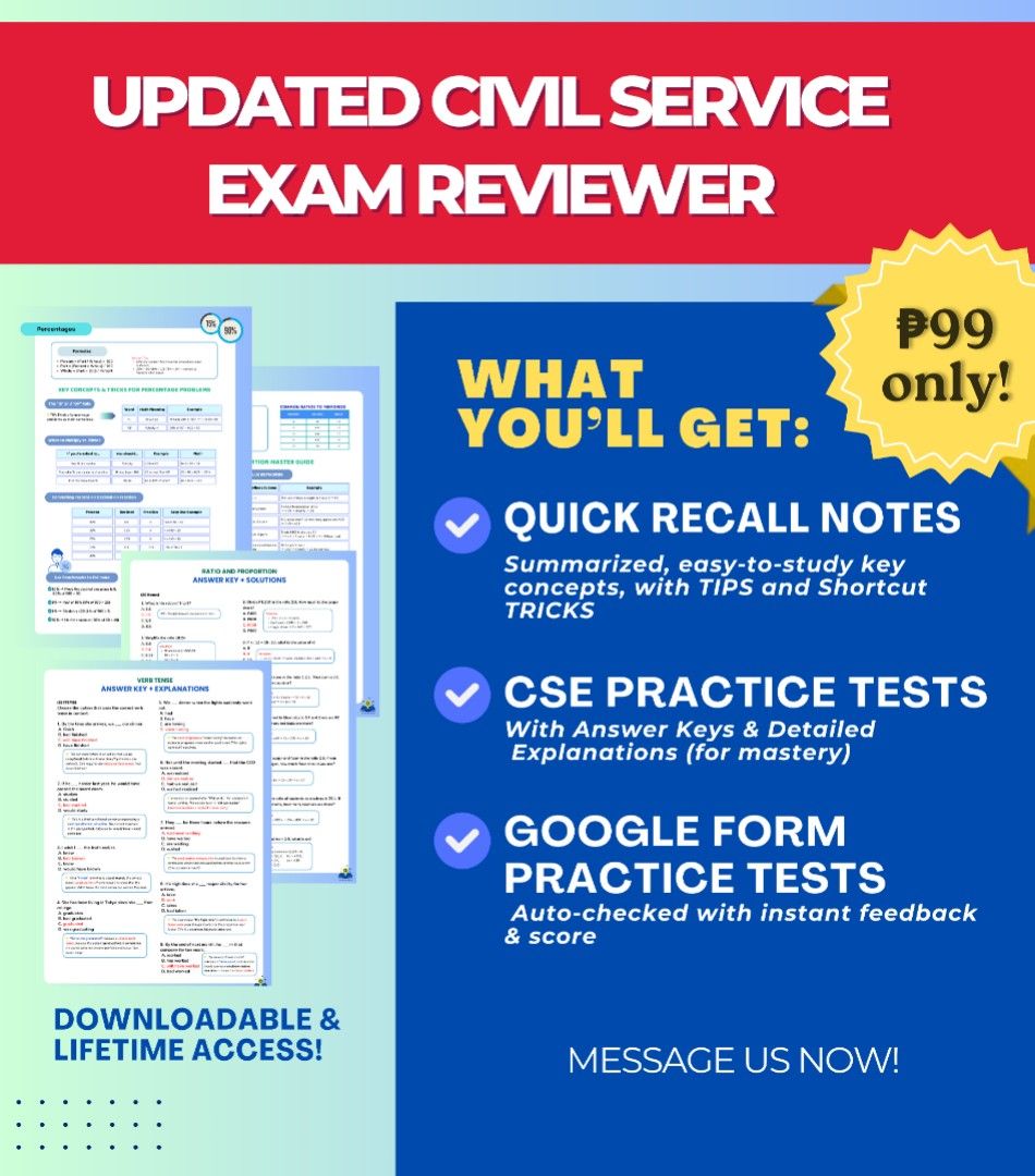 UPDATED Civil Service Exam (CSE 2026 Ready!) (Category: Textbooks) located in Quezon City. Submitted by ereviewer (Listing ID 1372203833, Image 1). Description: 𝐖𝐡𝐚𝐭'𝐬 𝐈𝐧𝐬𝐢𝐝𝐞: ➡️ Quick and clear guides — with must-know rules and basics ➡️ Helpful tips and quick tricks ➡️ Practice sets with detailed answers — understand, not just memorize! ➡️ Extra practice sets in Google Forms (with feedback explanations!) 𝐎𝐧𝐞-𝐭𝐢𝐦𝐞 𝐩𝐚𝐲𝐦𝐞𝐧�