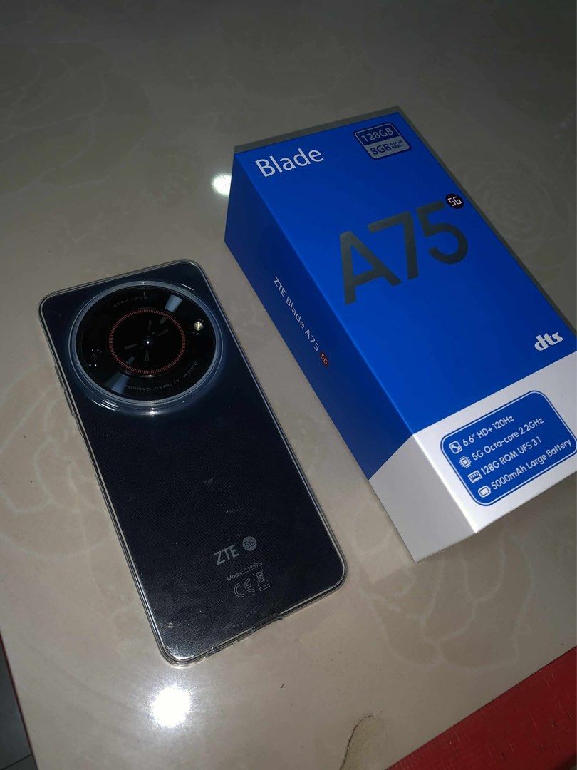 ZTE BLADE A75 5G (Category: Android Others) located in Paranaque City. Submitted by dthrifty_2k19 (Listing ID 1389435373, Image 1). Description: ZTE BLADE A75 5G 6.6” HD+ 120Hz 128GB / 8GB (4+4GB RAM) 5G Octa-core 2.2GHz 128G ROM UFS 3.1 5000mAh Large Battery Brand new with box di pa nabubuksan Rfs need cash.