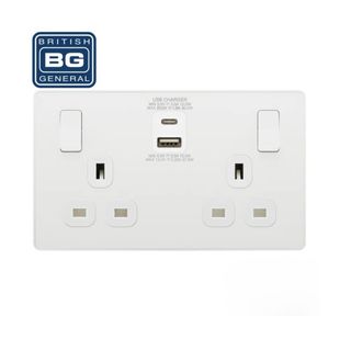英國 BG British General - Evolve系列燈掣 13A雙位開關插座連Type A & C 亮麗白 13 Amp Double Switch with Type A & C. Polished White PCDWH22UAC30W