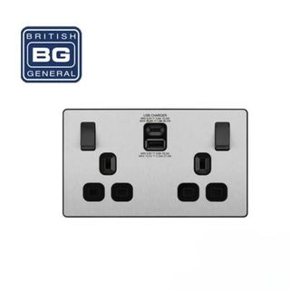 英國 BG British General - Evolve 系列燈掣 13A雙位開關插座連Type A & C 拉絲綱/黑 13 Amp Double Switch with Type A & C. Brushed Steel/ Black PCDBS22UAC30B