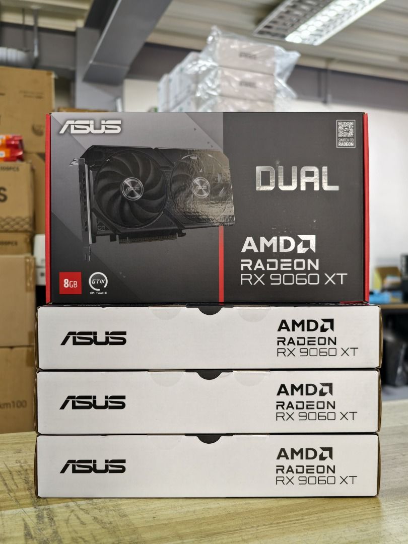 ASUS DUAL RX 9060XT 8GB (Category: Computer Parts) located in Manila. Submitted by robert.robert14 (Listing ID 1389527779, Image 1). Description: ASUS DUAL RX 9060XT 8GB BRAND NEW / 1 YEAR WARRANTY PHP 22,900 Key Specifications: > GPU Model: AMD Radeon™ RX 9060 XT > Video Memory: 8GB GDDR6 > Stream Processors: 2048 > Memory Interface: 128-bit > Memory Speed: 20 Gbps > Engine Clock (Boost Clock): *OC Mode (GPU Tweak III): Up to 3150 MHz *Default M